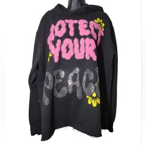 Euphoric Protect Your Peace Hoodie Black Cotton Fleece Rhinestone Puff Print